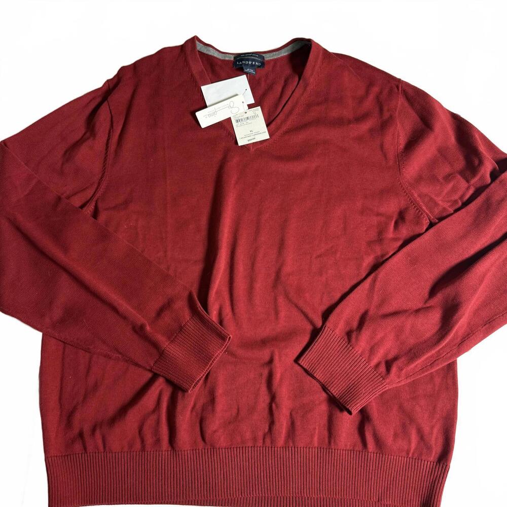 NWT Red Pima Cotton Men's V Neck Sweater XL Lands' End Christmas/Holidays/Preppy